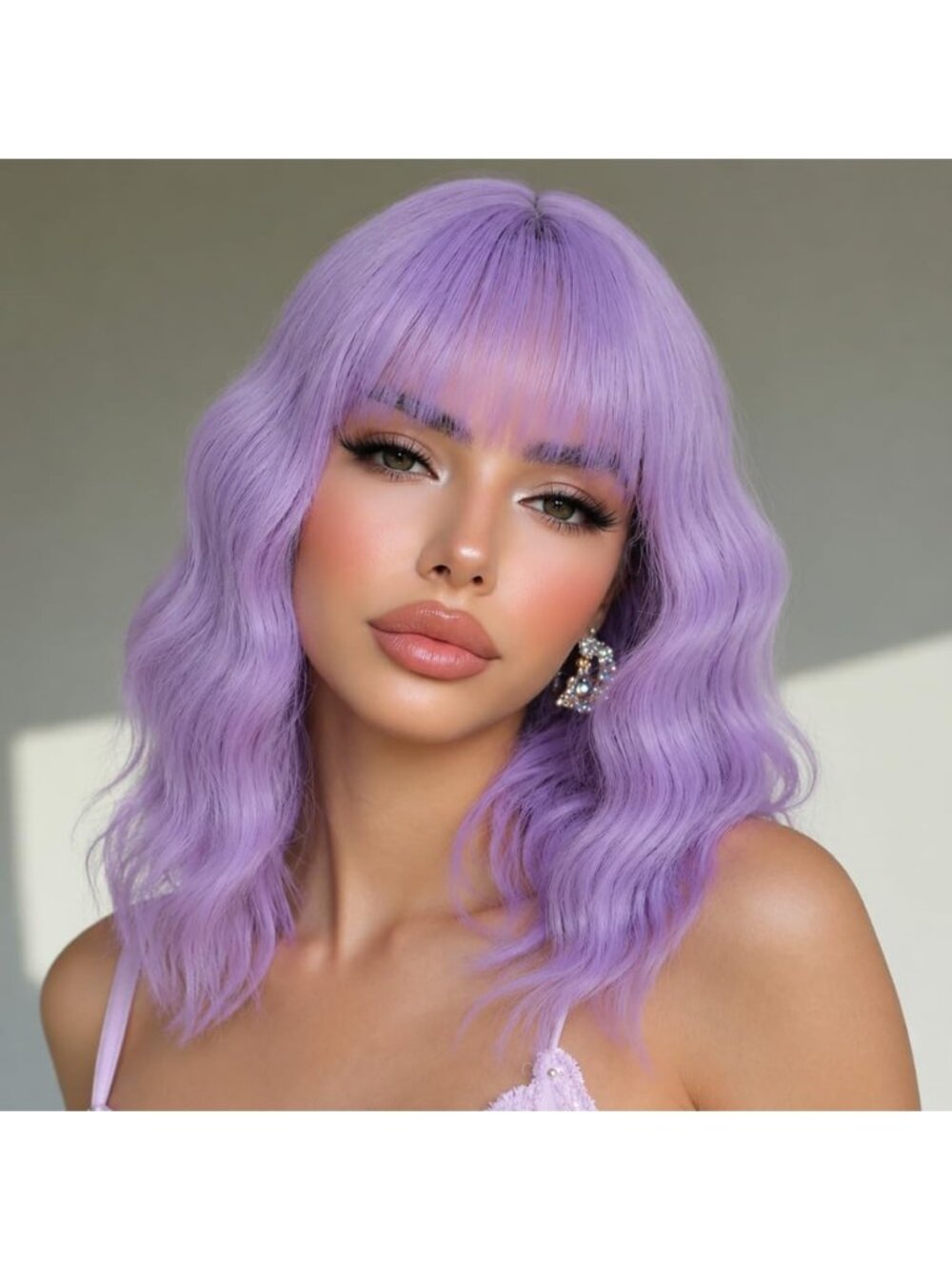 Women's Lavender Purple Ombre Wig for Short Wavy Bob Bangs Pastel Synthetic Hair